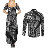 New Zealand Sea Animals Couples Matching Summer Maxi Dress and Long Sleeve Button Shirt with Maori Koru Tribal Tattoo and Silver Ferns Black Color