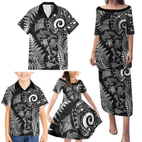 New Zealand Sea Animals Family Matching Puletasi and Hawaiian Shirt with Maori Koru Tribal Tattoo and Silver Ferns Black Color