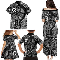 New Zealand Sea Animals Family Matching Puletasi and Hawaiian Shirt with Maori Koru Tribal Tattoo and Silver Ferns Black Color
