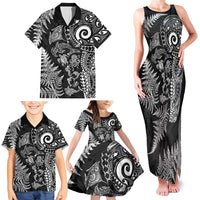 New Zealand Sea Animals Family Matching Tank Maxi Dress and Hawaiian Shirt with Maori Koru Tribal Tattoo and Silver Ferns Black Color