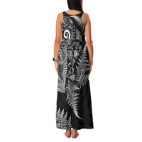 New Zealand Sea Animals Family Matching Tank Maxi Dress and Hawaiian Shirt with Maori Koru Tribal Tattoo and Silver Ferns Black Color