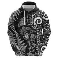 New Zealand Sea Animals Hoodie with Maori Koru Tribal Tattoo and Silver Ferns Black Color