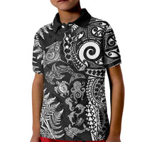 New Zealand Sea Animals Kid Polo Shirt with Maori Koru Tribal Tattoo and Silver Ferns Black Color