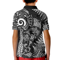 New Zealand Sea Animals Kid Polo Shirt with Maori Koru Tribal Tattoo and Silver Ferns Black Color