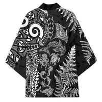 New Zealand Sea Animals Kimono with Maori Koru Tribal Tattoo and Silver Ferns Black Color
