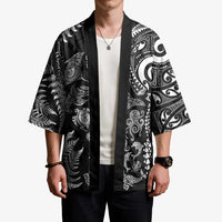 New Zealand Sea Animals Kimono with Maori Koru Tribal Tattoo and Silver Ferns Black Color