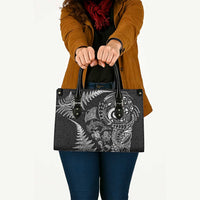 New Zealand Sea Animals Leather Bag with Maori Koru Tribal Tattoo and Silver Ferns Black Color