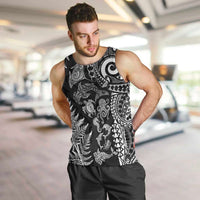 New Zealand Sea Animals Men Tank Top with Maori Koru Tribal Tattoo and Silver Ferns Black Color
