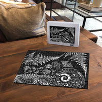 New Zealand Sea Animals Puzzle with Maori Koru Tribal Tattoo and Silver Ferns Black Color