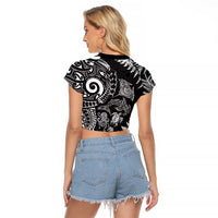 New Zealand Sea Animals Raglan Cropped T Shirt with Maori Koru Tribal Tattoo and Silver Ferns Black Color