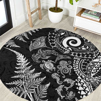 New Zealand Sea Animals Round Carpet with Maori Koru Tribal Tattoo and Silver Ferns Black Color