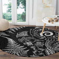 New Zealand Sea Animals Round Carpet with Maori Koru Tribal Tattoo and Silver Ferns Black Color