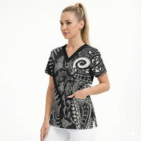 New Zealand Sea Animals Scrub Top with Maori Koru Tribal Tattoo and Silver Ferns Black Color