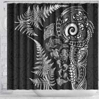 New Zealand Sea Animals Shower Curtain with Maori Koru Tribal Tattoo and Silver Ferns Black Color