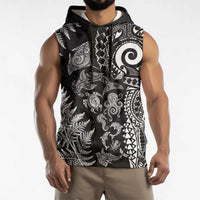 New Zealand Sea Animals Sleeveless Hoodie with Maori Koru Tribal Tattoo and Silver Ferns Black Color