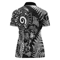 New Zealand Sea Animals Women Polo Shirt with Maori Koru Tribal Tattoo and Silver Ferns Black Color