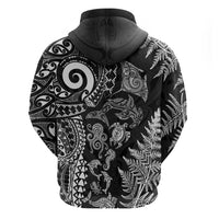 New Zealand Sea Animals Zip Hoodie with Maori Koru Tribal Tattoo and Silver Ferns Black Color