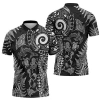 New Zealand Sea Animals Zipper Polo Shirt with Maori Koru Tribal Tattoo and Silver Ferns Black Color