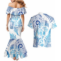 New Zealand Sea Animals Couples Matching Mermaid Dress and Hawaiian Shirt with Maori Koru Tribal Tattoo and Silver Ferns Galaxy Style