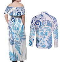 New Zealand Sea Animals Couples Matching Off Shoulder Maxi Dress and Long Sleeve Button Shirt with Maori Koru Tribal Tattoo and Silver Ferns Galaxy Style