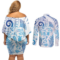 New Zealand Sea Animals Couples Matching Off Shoulder Short Dress and Long Sleeve Button Shirt with Maori Koru Tribal Tattoo and Silver Ferns Galaxy Style