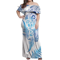 New Zealand Sea Animals Off Shoulder Maxi Dress with Maori Koru Tribal Tattoo and Silver Ferns Galaxy Style