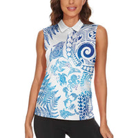 New Zealand Sea Animals Women Sleeveless Polo Shirt with Maori Koru Tribal Tattoo and Silver Ferns Galaxy Style