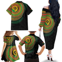 Vanuatu Tribal Tattoo with Namele Leaves Family Matching Off The Shoulder Long Sleeve Dress and Hawaiian Shirt