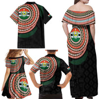 Penama Tribal Tattoo with Namele Leaves Family Matching Off Shoulder Maxi Dress and Hawaiian Shirt