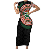 Penama Tribal Tattoo with Namele Leaves Family Matching Short Sleeve Bodycon Dress and Hawaiian Shirt
