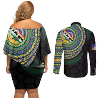 Torba Tribal Tattoo with Namele Leaves Couples Matching Off Shoulder Short Dress and Long Sleeve Button Shirt LT03 - Polynesian Pride
