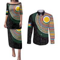 Shefa Tribal Tattoo with Namele Leaves Couples Matching Puletasi and Long Sleeve Button Shirt LT03 Black - Polynesian Pride