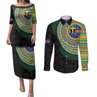 Tafea Tribal Tattoo with Namele Leaves Couples Matching Puletasi and Long Sleeve Button Shirt LT03 Black - Polynesian Pride