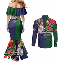 Manuʻa Islands and American Samoa Together Couples Matching Mermaid Dress and Long Sleeve Button Shirt Rooster and Eagle Mascot National Map and Flag Style