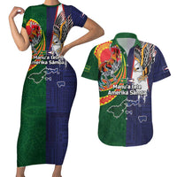 Manuʻa Islands and American Samoa Together Couples Matching Short Sleeve Bodycon Dress and Hawaiian Shirt Rooster and Eagle Mascot National Map and Flag Style