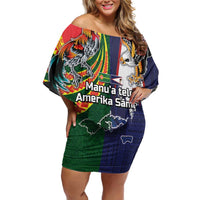 Manuʻa Islands and American Samoa Together Family Matching Off Shoulder Short Dress and Hawaiian Shirt Rooster and Eagle Mascot National Map and Flag Style