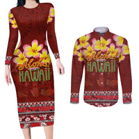 Aloha Plumeria Flowers Couples Matching Long Sleeve Bodycon Dress and Long Sleeve Button Shirt With Hawaiian Style Tapa Tribal LT03 Red - Polynesian Pride