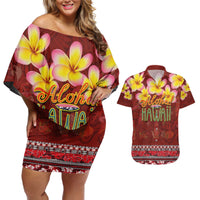 Aloha Plumeria Flowers Couples Matching Off Shoulder Short Dress and Hawaiian Shirt With Hawaiian Style Tapa Tribal LT03 Red - Polynesian Pride
