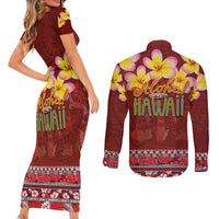 Aloha Plumeria Flowers Couples Matching Short Sleeve Bodycon Dress and Long Sleeve Button Shirt With Hawaiian Style Tapa Tribal LT03 - Polynesian Pride