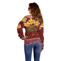 Aloha Plumeria Flowers Off Shoulder Sweater With Hawaiian Style Tapa Tribal
