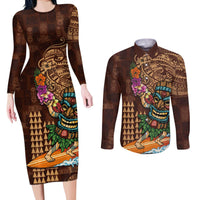 Hawaiian Tiki Mask Surfing Kakau Pattern Couples Matching Long Sleeve Bodycon Dress and Long Sleeve Button Shirt LT03 Brown - Polynesian Pride