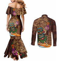 Hawaiian Tiki Mask Surfing Kakau Pattern Couples Matching Mermaid Dress and Long Sleeve Button Shirt LT03 - Polynesian Pride