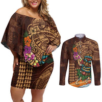 Hawaiian Tiki Mask Surfing Kakau Pattern Couples Matching Off Shoulder Short Dress and Long Sleeve Button Shirt LT03 Brown - Polynesian Pride