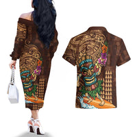 Hawaiian Tiki Mask Surfing Kakau Pattern Couples Matching Off The Shoulder Long Sleeve Dress and Hawaiian Shirt LT03 - Polynesian Pride