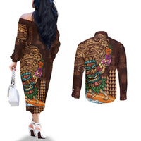 Hawaiian Tiki Mask Surfing Kakau Pattern Couples Matching Off The Shoulder Long Sleeve Dress and Long Sleeve Button Shirt LT03 - Polynesian Pride