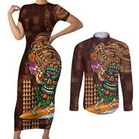 Hawaiian Tiki Mask Surfing Kakau Pattern Couples Matching Short Sleeve Bodycon Dress and Long Sleeve Button Shirt LT03 Brown - Polynesian Pride