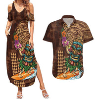 Hawaiian Tiki Mask Surfing Kakau Pattern Couples Matching Summer Maxi Dress and Hawaiian Shirt LT03 Brown - Polynesian Pride
