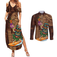 Hawaiian Tiki Mask Surfing Kakau Pattern Couples Matching Summer Maxi Dress and Long Sleeve Button Shirt LT03 Brown - Polynesian Pride