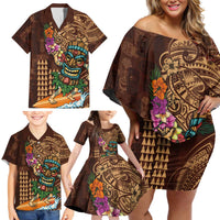 Hawaiian Tiki Mask Surfing Kakau Pattern Family Matching Off Shoulder Short Dress and Hawaiian Shirt LT03 - Polynesian Pride
