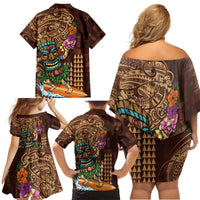 Hawaiian Tiki Mask Surfing Kakau Pattern Family Matching Off Shoulder Short Dress and Hawaiian Shirt LT03 - Polynesian Pride